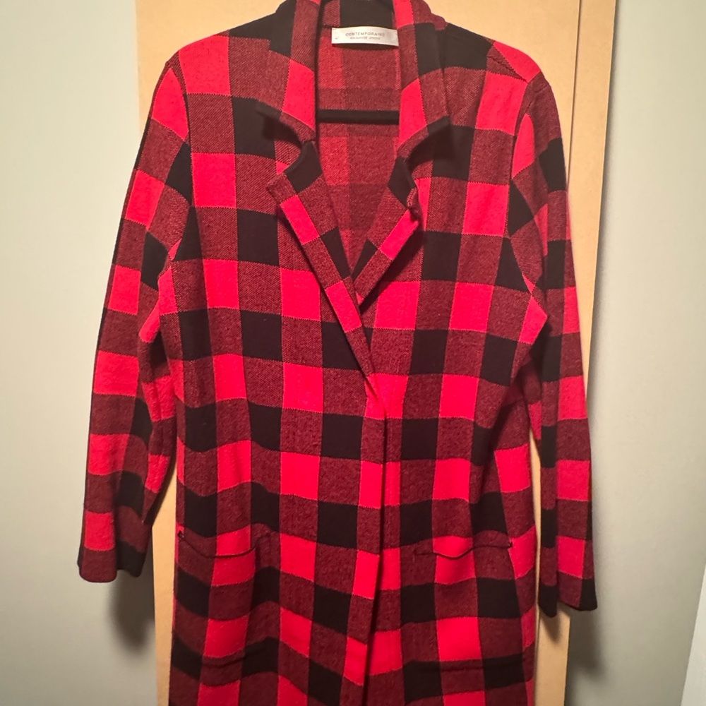 Red and Black Plaid Knit Cardigan Jacket